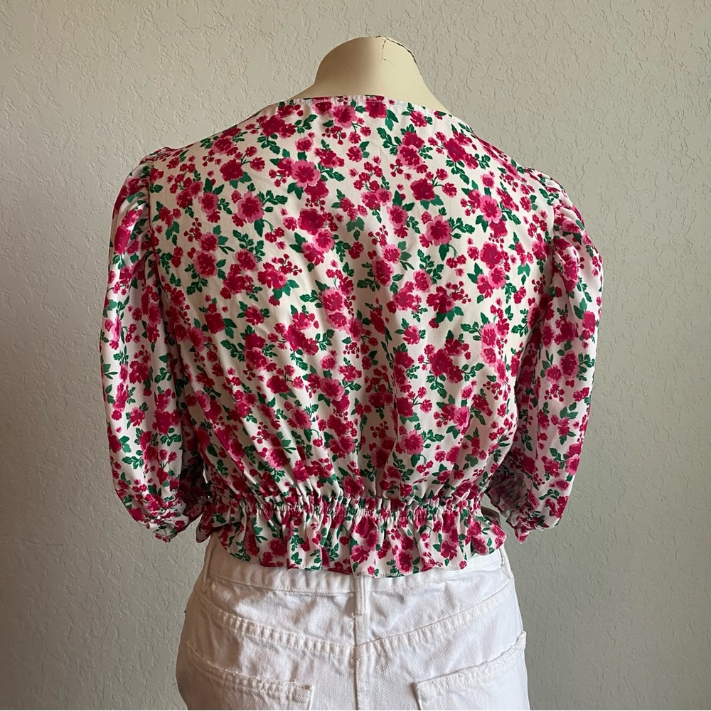 For Love And Lemons Womens Crop Top Size Small Floral Puff Sleeves Plunged - Picture 4 of 8